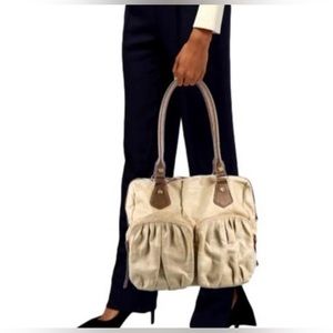 Mx Wallace linen mini bag with red accents blue interior